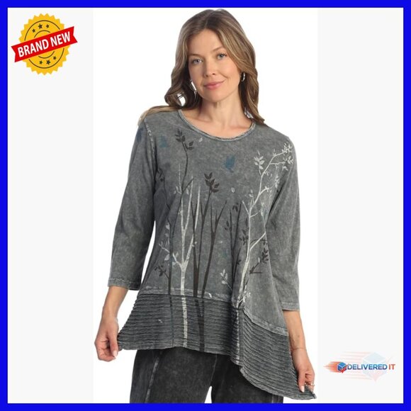 Tops - Cotton Tunic Top with Asymmetrical Hem, 3/4 Sleeves, Scoop Neck